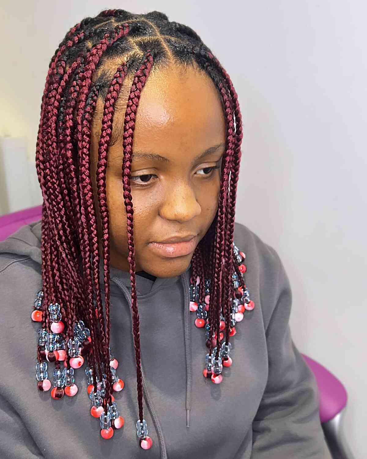 Medium-Length Beaded Burgundy Knotless Braids