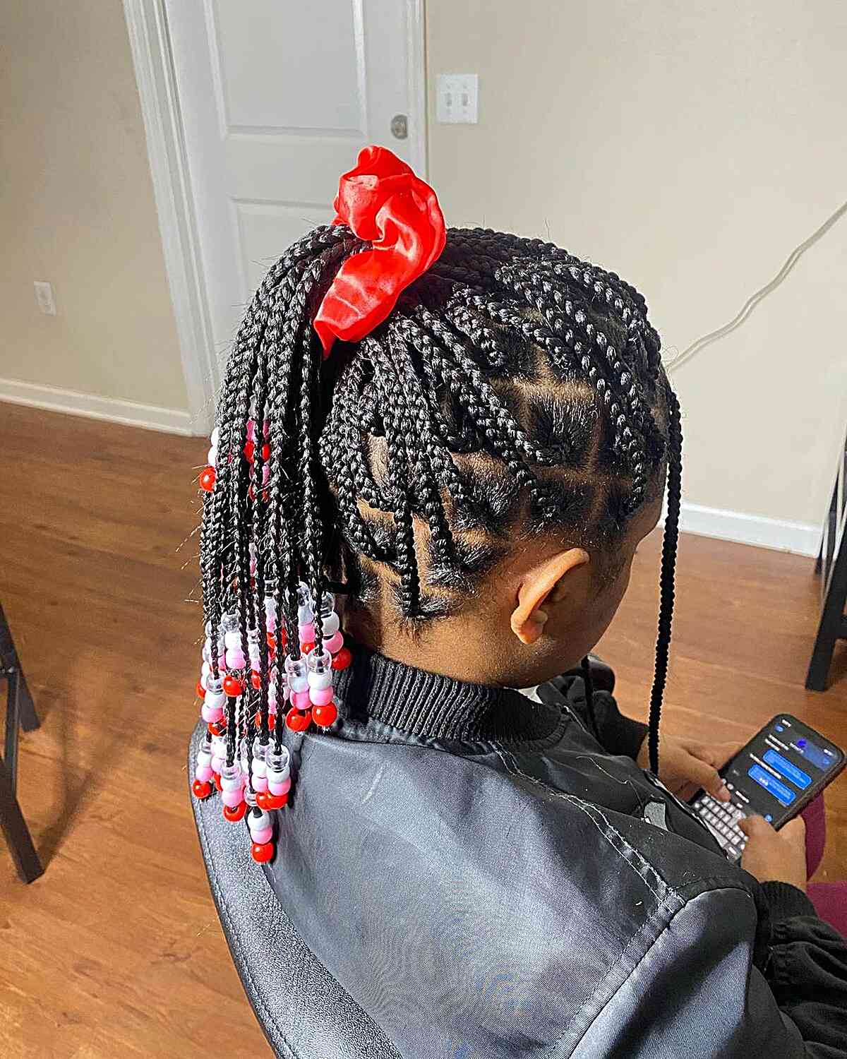 Knotless Box Braided High Ponytail with Red Beads for Medium Hair