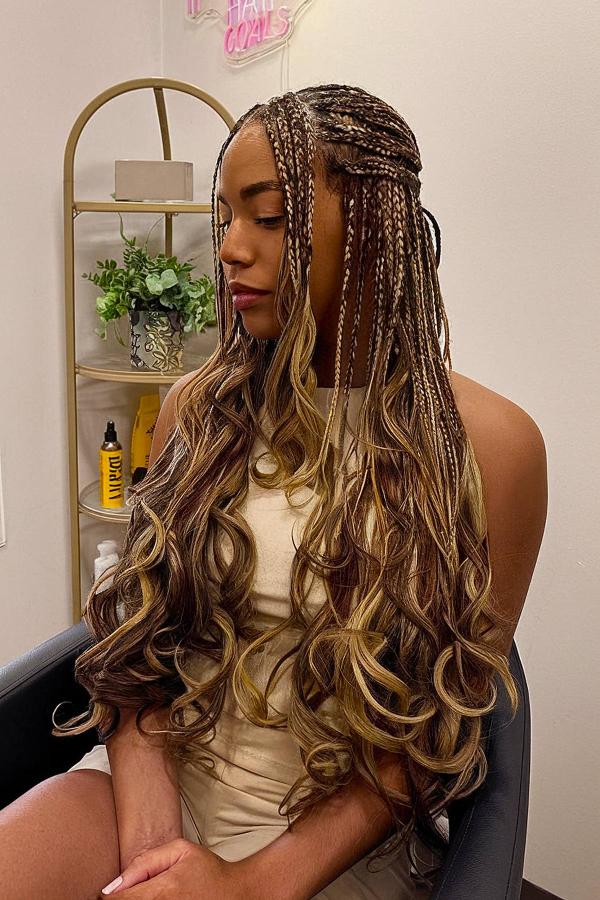 Long box braids with successive French curls