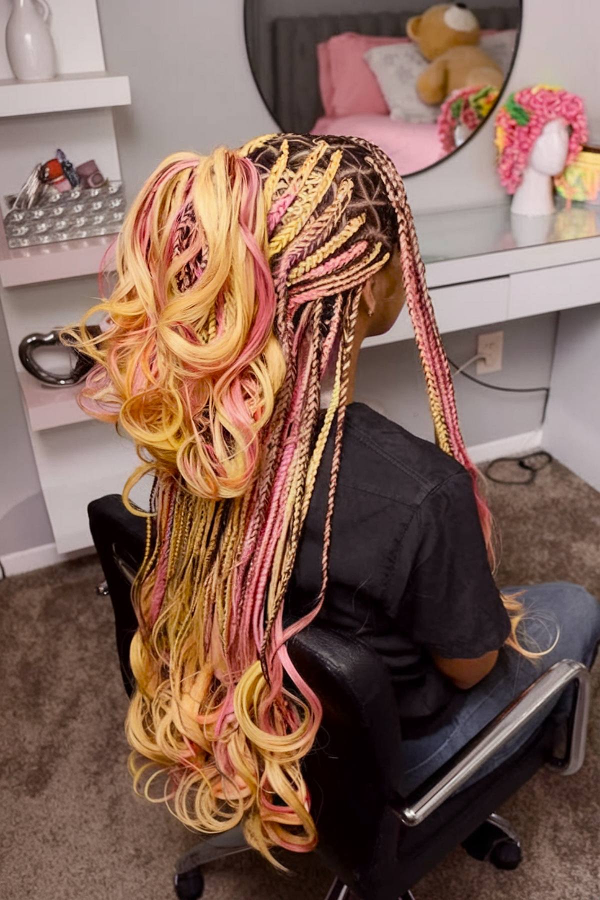 French pink and blonde curls with braids