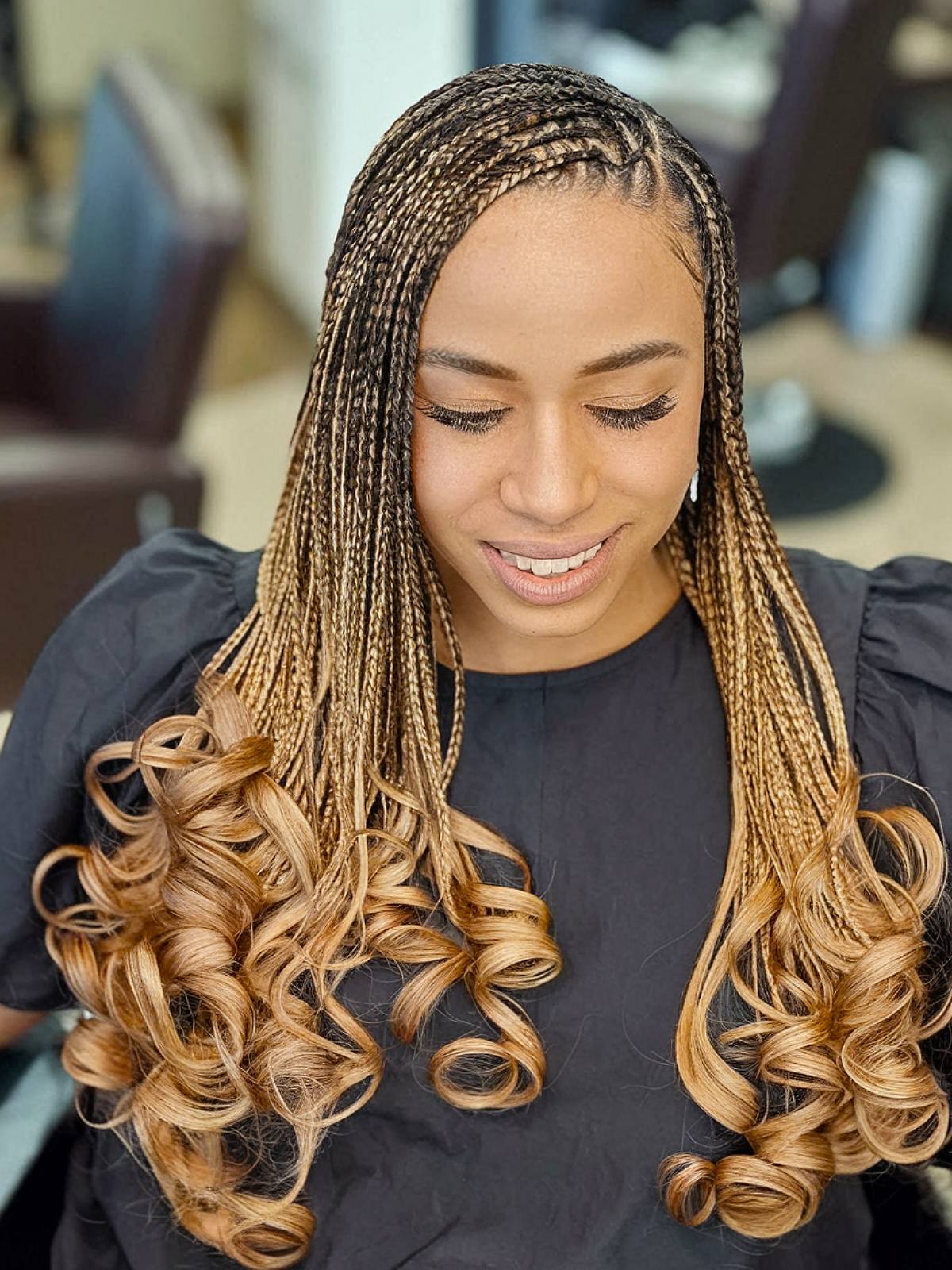 Long -length square braids with French caramel curl