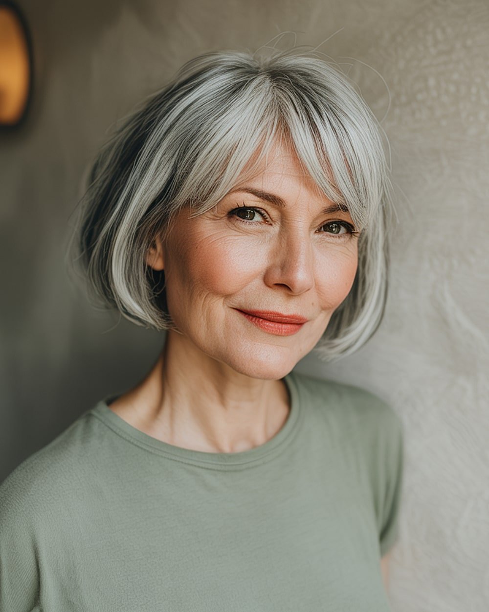 Classic French short bob with side part on gray hair for women over 60 with fine hair