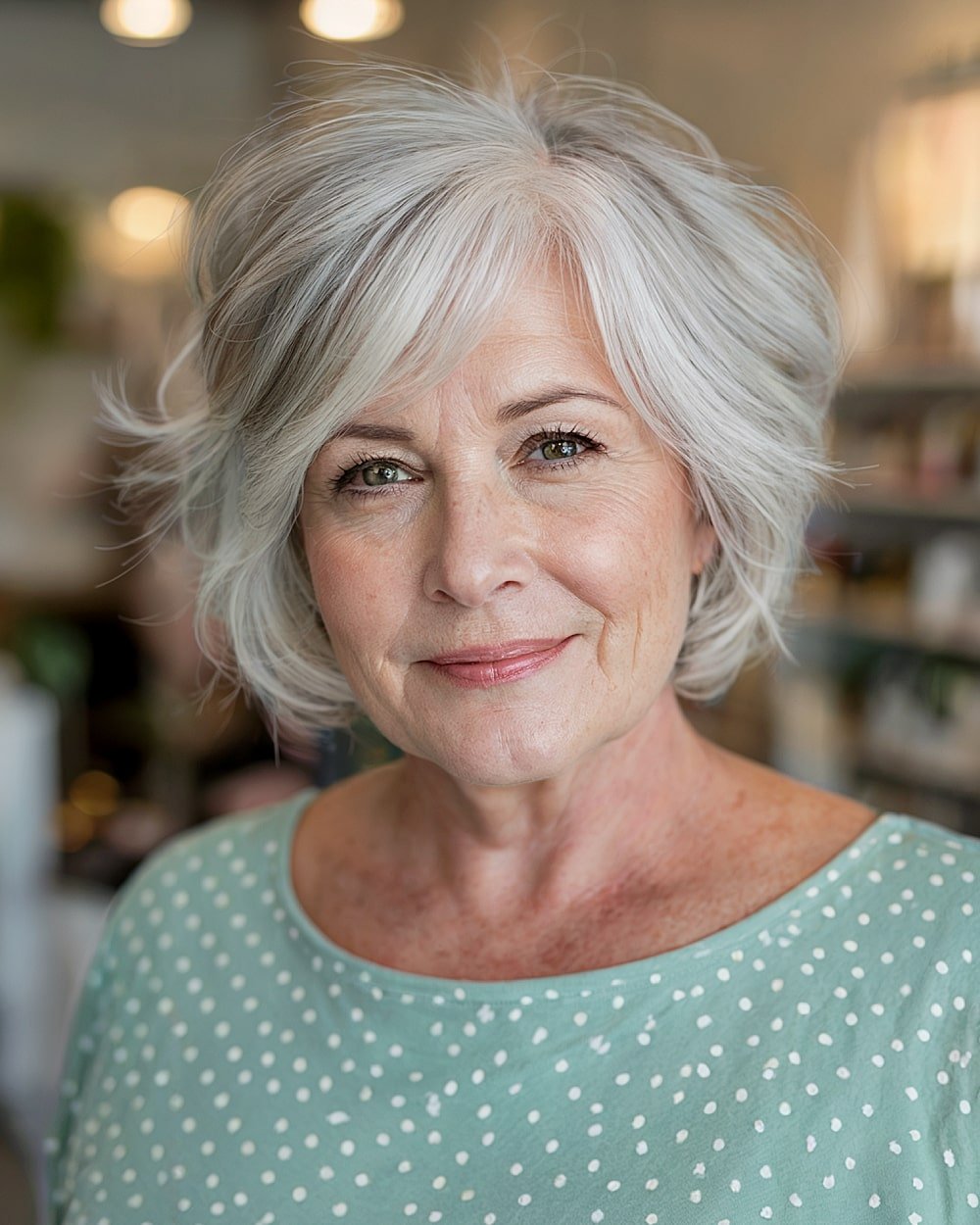 Soft feathered bob with face-framing layers for women over 60 with wavy gray hair