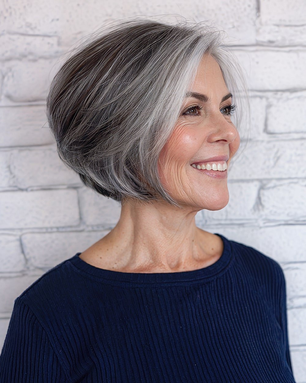Textured silver bob with stacked back for women over 60 with thick hair