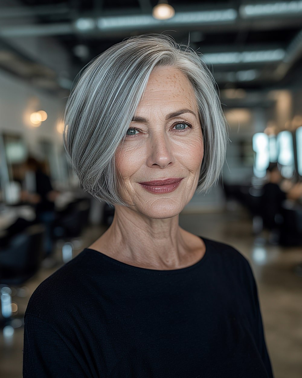 Sleek short bob with side part for gray-haired women over 60 with straight fine hair
