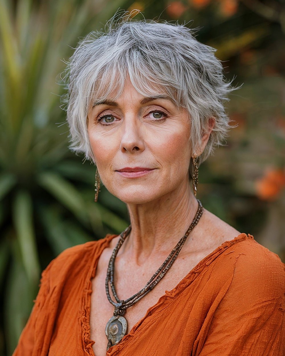 Choppy salt-and-pepper pixie bob with wispy layers, edgy short bob haircut for older women with fine texture