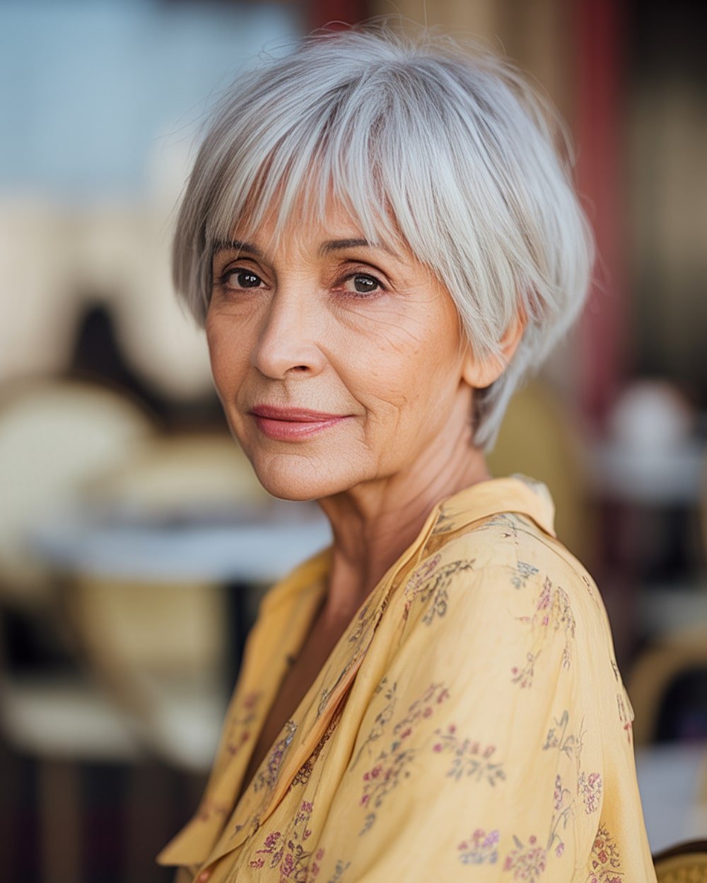 French-inspired grey micro bob with baby bangs, chic and modern short bob for women over 60 with fine straight hair