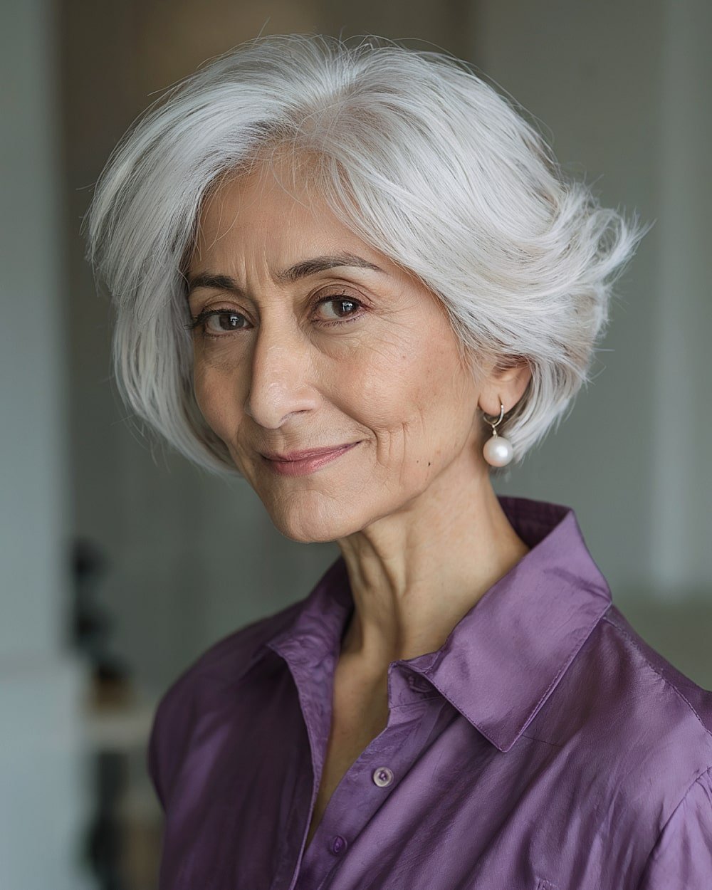 Short feathered ice bob on fine silver hair, ideal short bob haircut for women over 60 seeking volume and softness