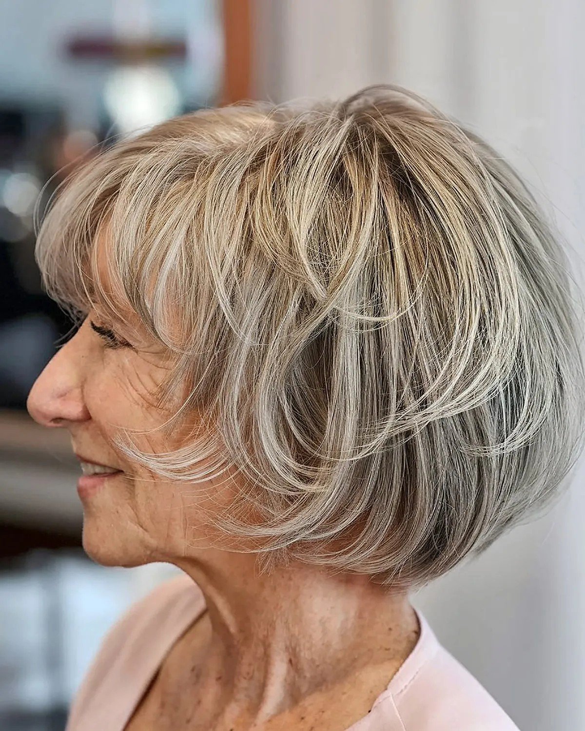 Feathered Bob with Wispy Bangs for Women 60 and Over