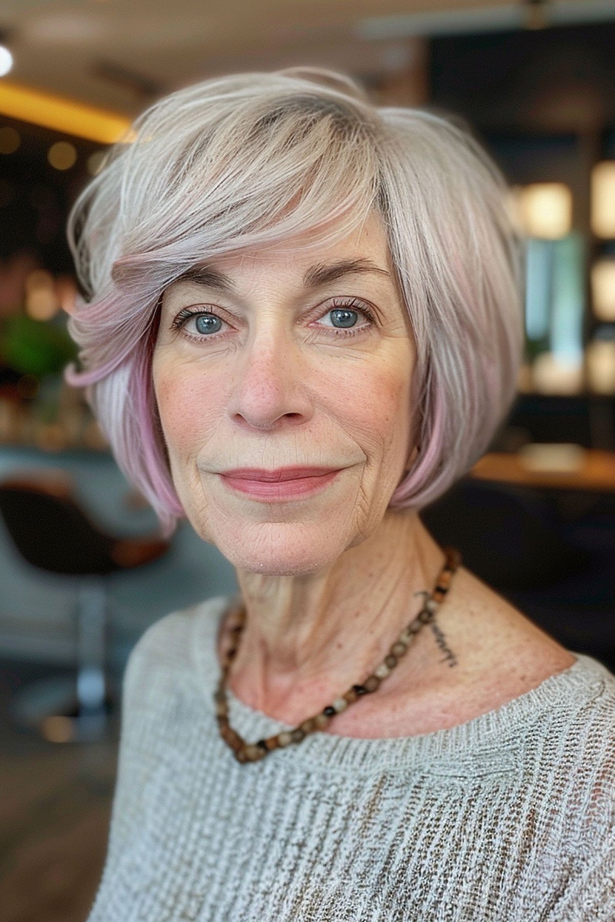 Jaw-length bob with pastel pink lowlights and side-swept bangs for older women