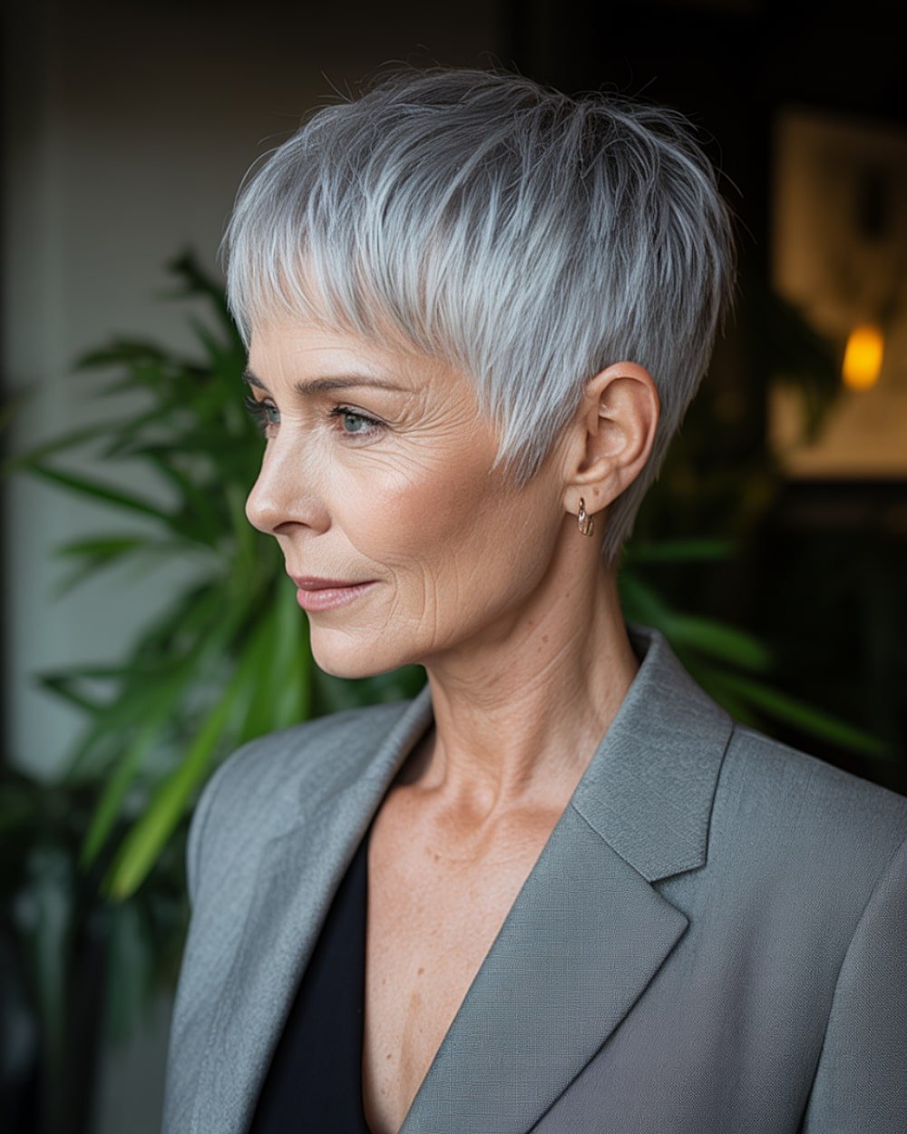 Neat silver pixie cut with cropped layers and tapered sides for fine hair over 60, sleek and low-maintenance