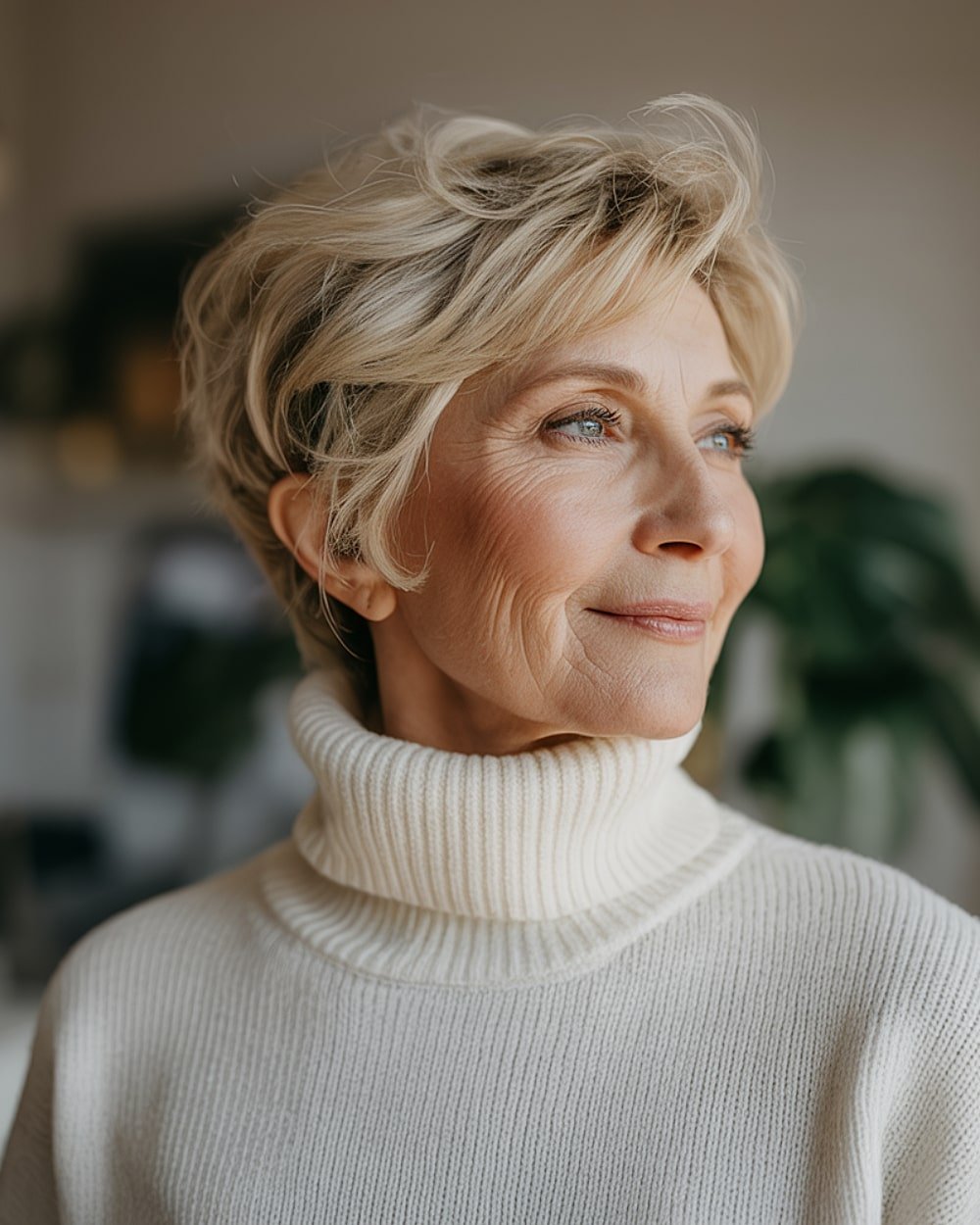 Short tousled layered bob with warm blonde tones for fine hair over 60, styled with natural volume