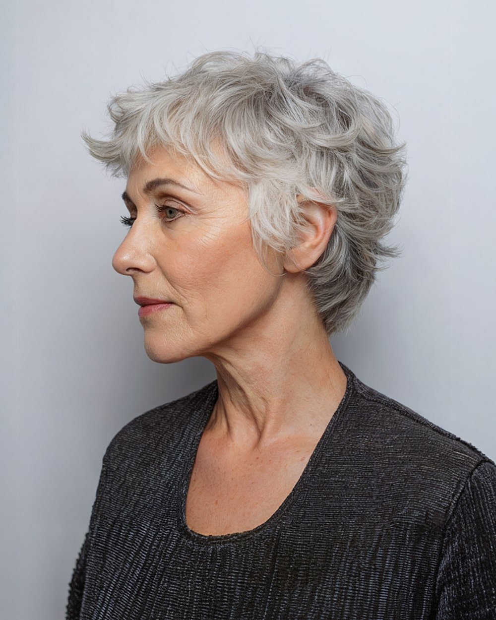 Textured pixie with tousled layers and silver gray color for women over 60 with fine, wavy hair