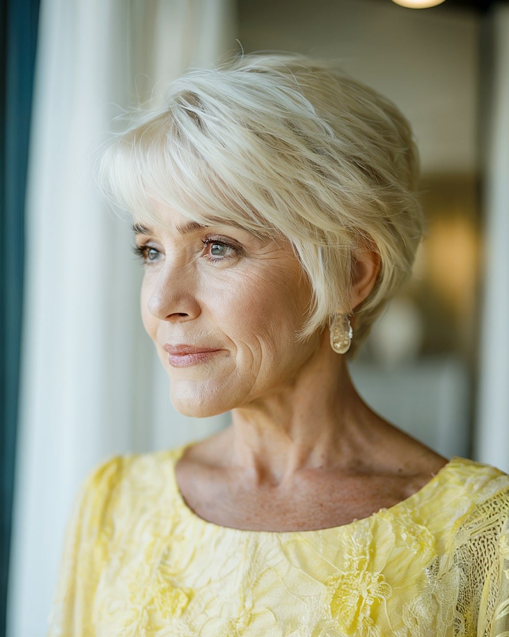 Short layered blonde pixie bob for fine hair over 60 with side-swept bangs and volume at crown