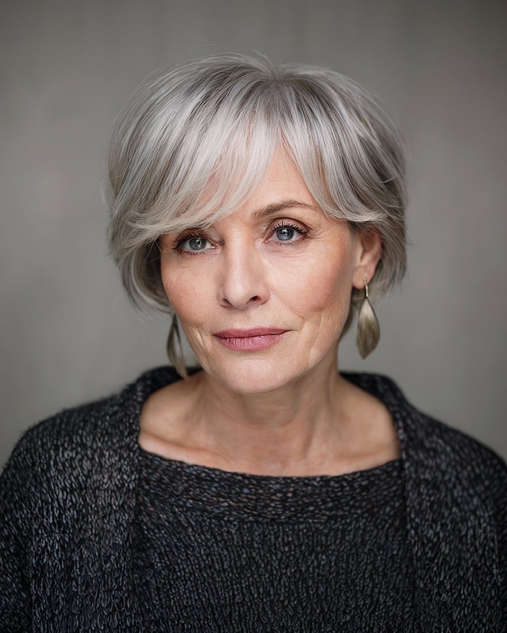 Short feathered gray bob with wispy bangs for fine hair over 60, adding soft volume and face-framing shape