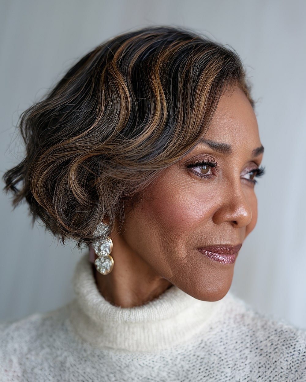 Soft S-curve bob with face-framing waves and subtle brown balayage for fine hair over 60