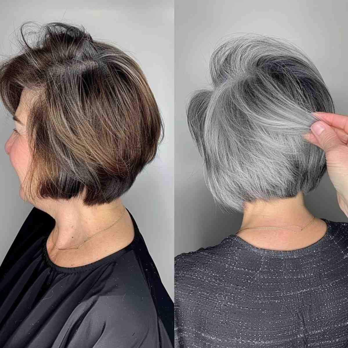 Dimensional short layered bob for 60-year-old women with fine grey hair" – this incorporates a more specific cut style and mentions the dimensional aspect of the color.