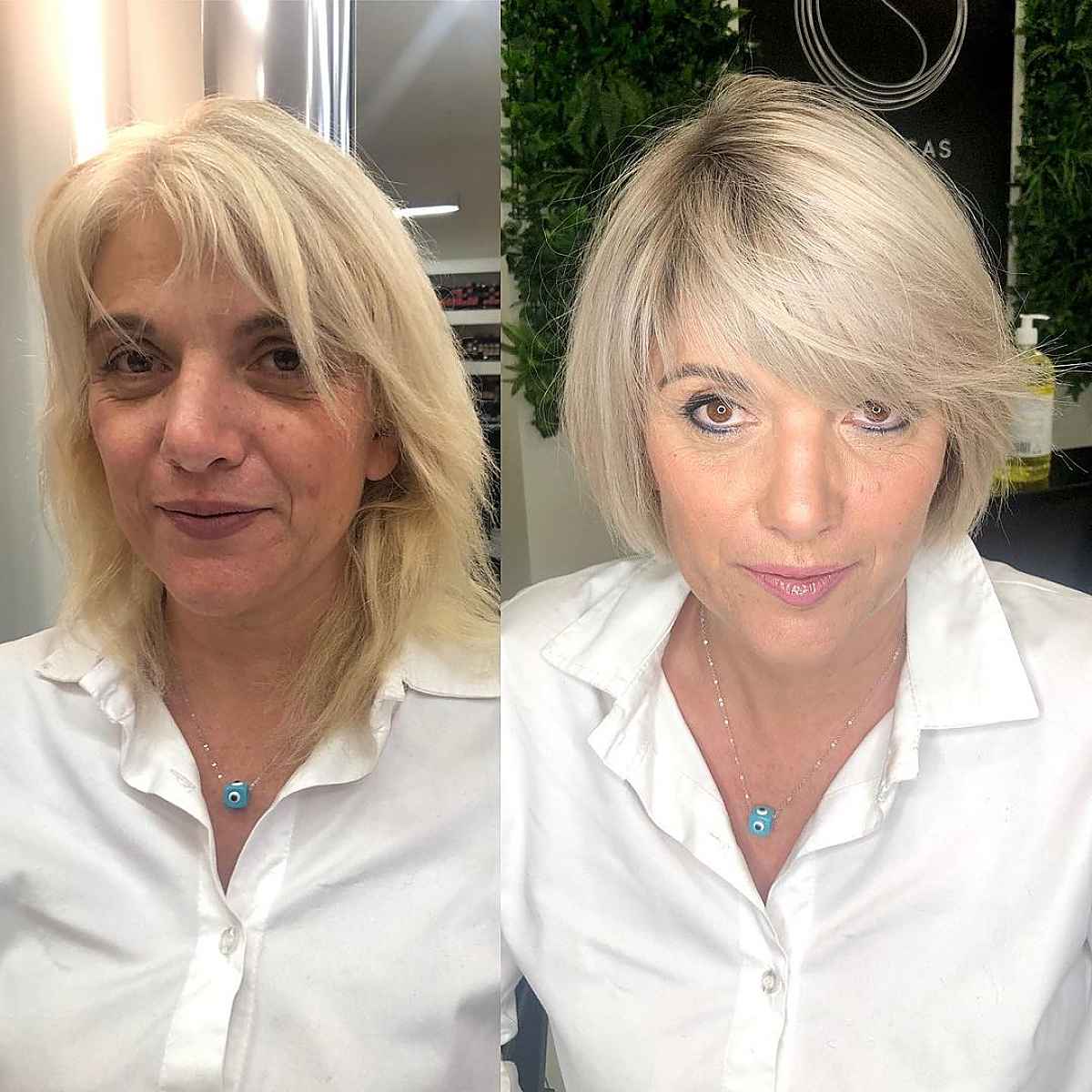 short blonde crop with side bangs