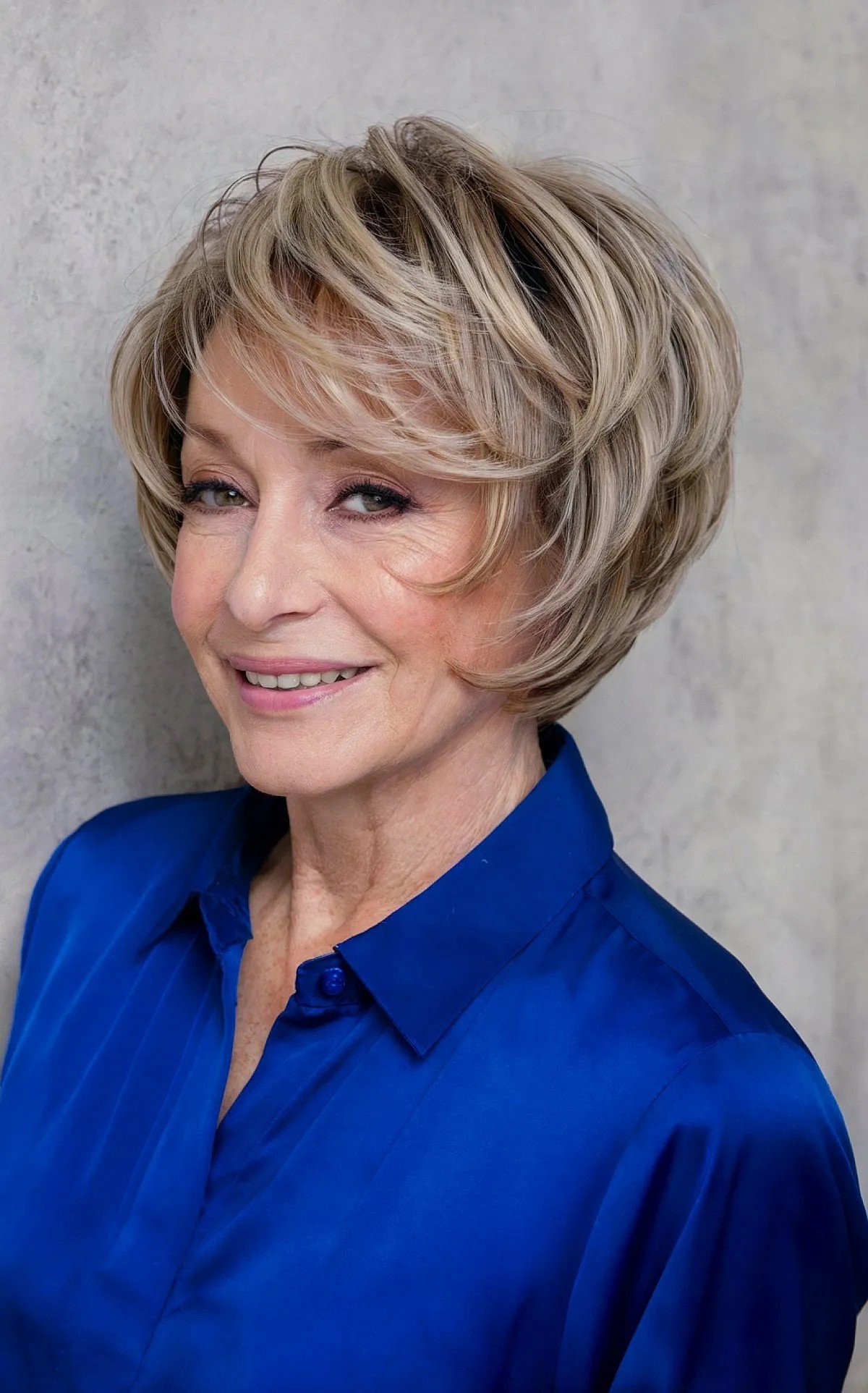 Chin-Length Choppy Round Bob with Shorter Layers and Side Bangs for Ladies over 60