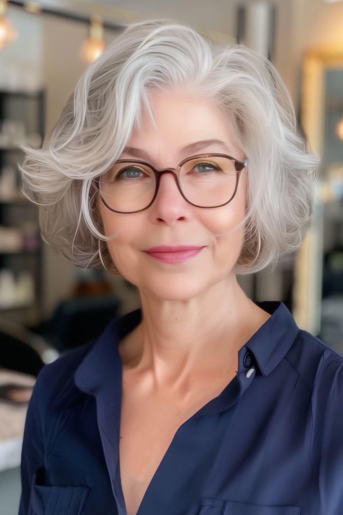 short shag cut for 60+ women with glasses