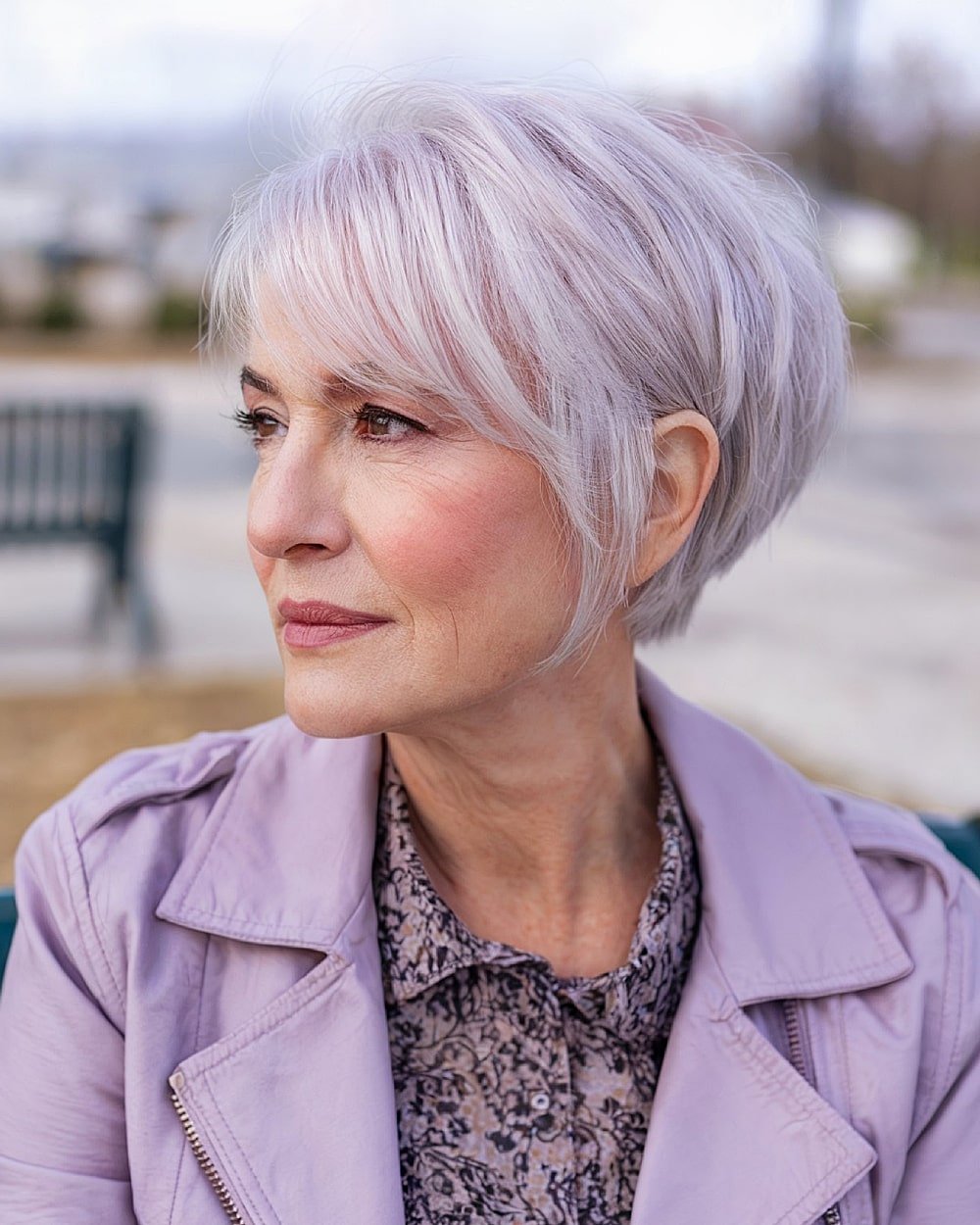 Silver tapered pixie bob for women over 60 with feathered layers and side-swept fringe