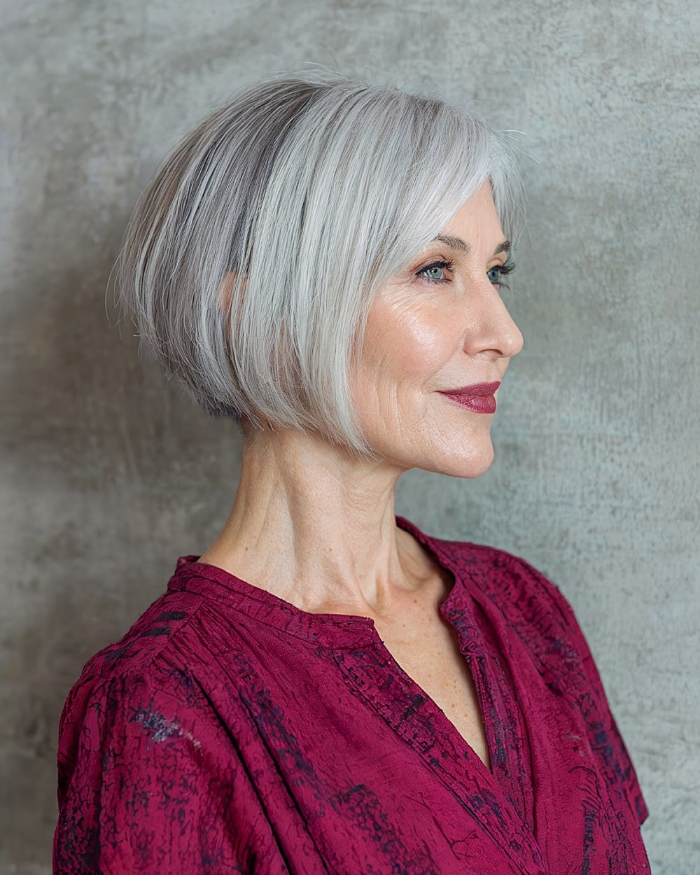 Wedge bob hairstyle for older women with stacked back layers and soft side-swept bangs
