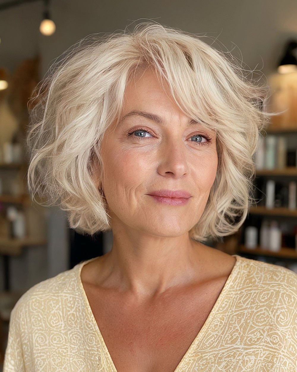 Textured tousled bob for women over 60 with layered volume and soft blonde waves