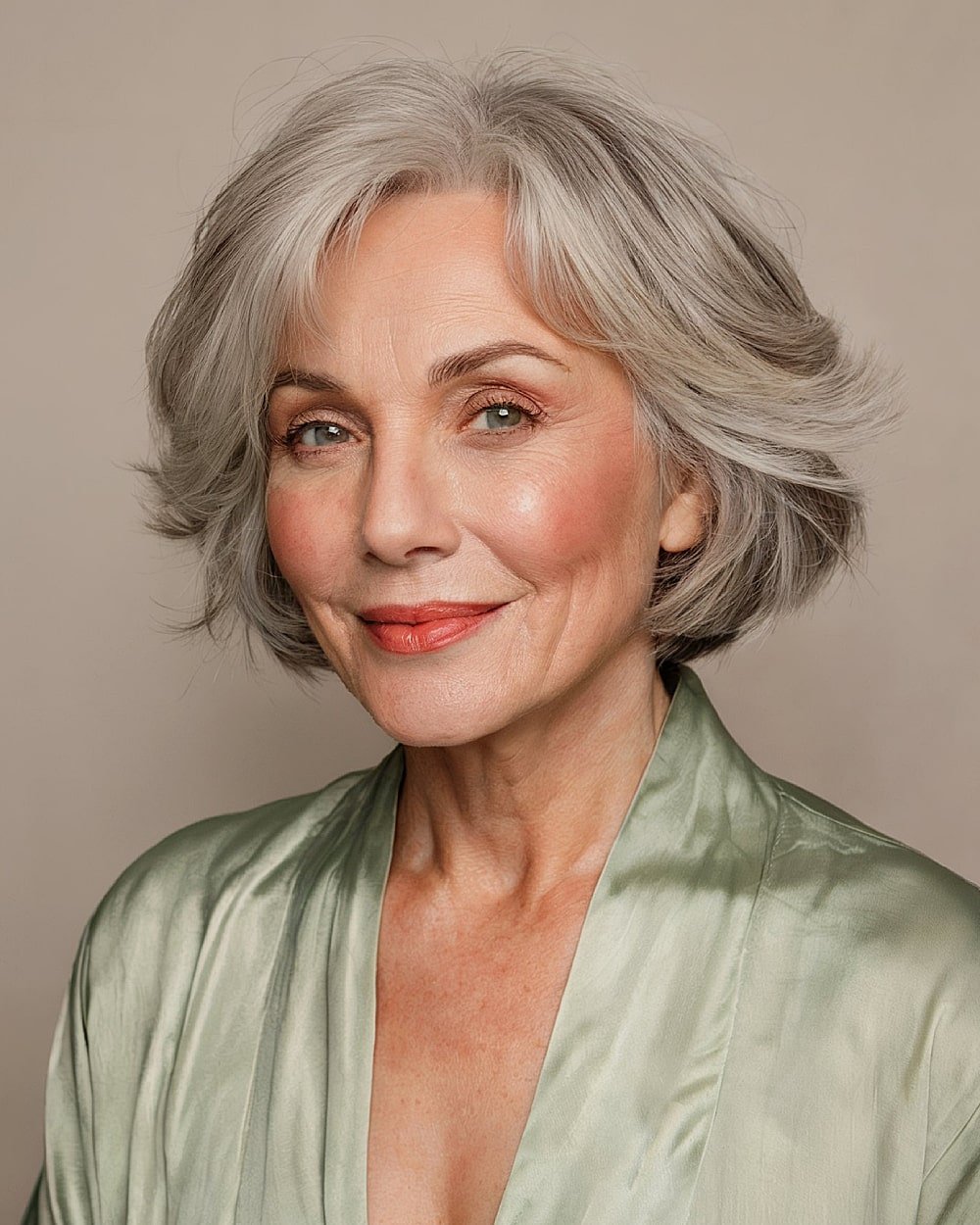Feathered silver bob haircut for women over 60 with soft layers and volume-boosting ends