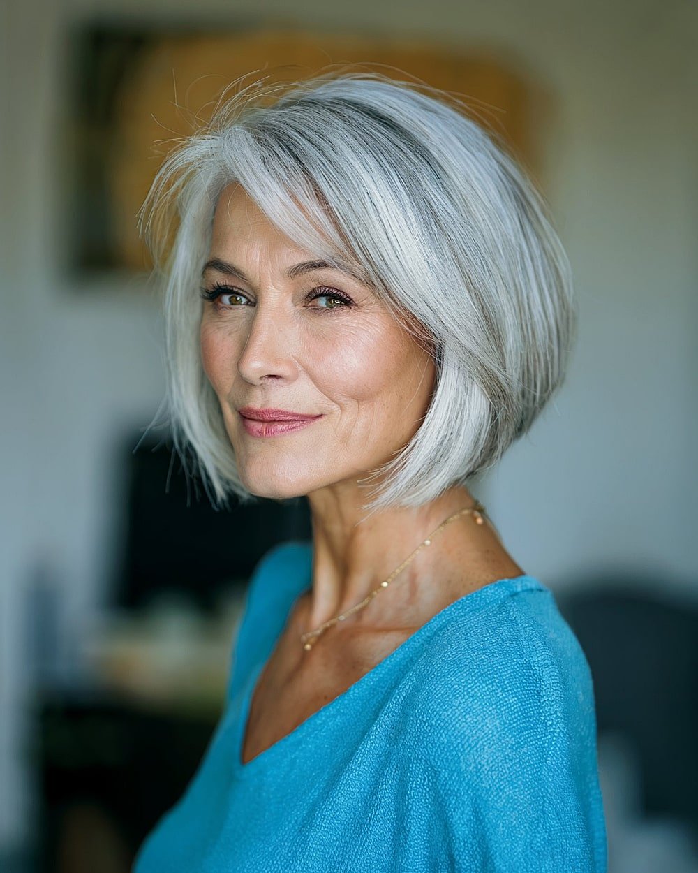 Angled bob haircut for women over 60 with deep side part and sleek gray-blend finish
