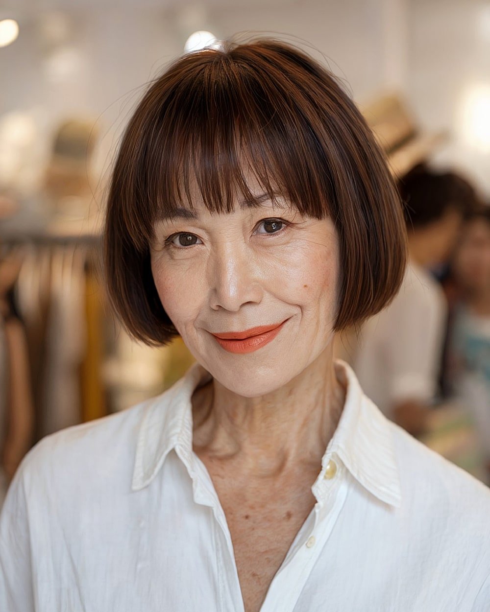 Soft mushroom bob for women over 60 with rounded edges and eyebrow-grazing bangs