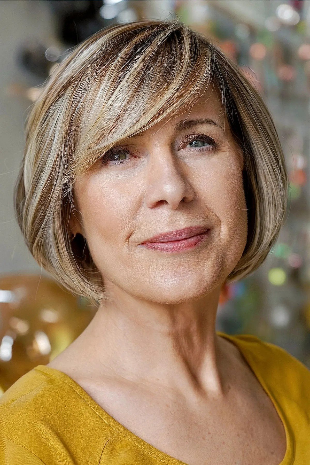 Sweeping Fringe on a Light Brown Bob for Ladies Aged 60
