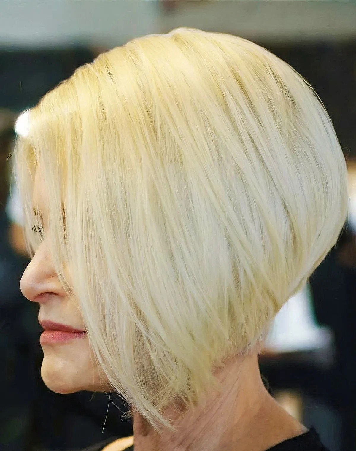 Blonde Textured Angled Bob Hairstyle for Ladies Over Sixty