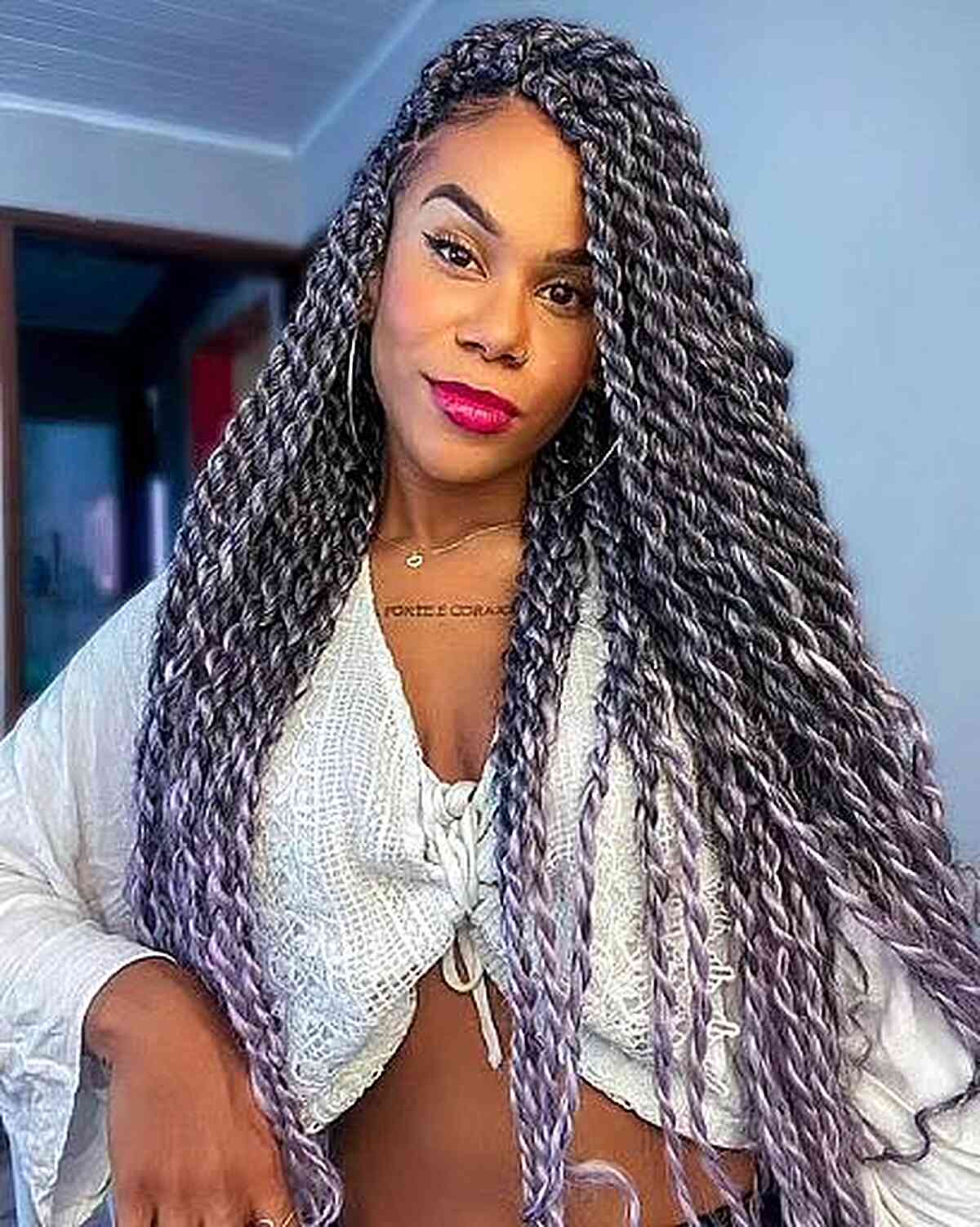 Hot Twist Braids with Platinum Highlights for black ladies with long hair
