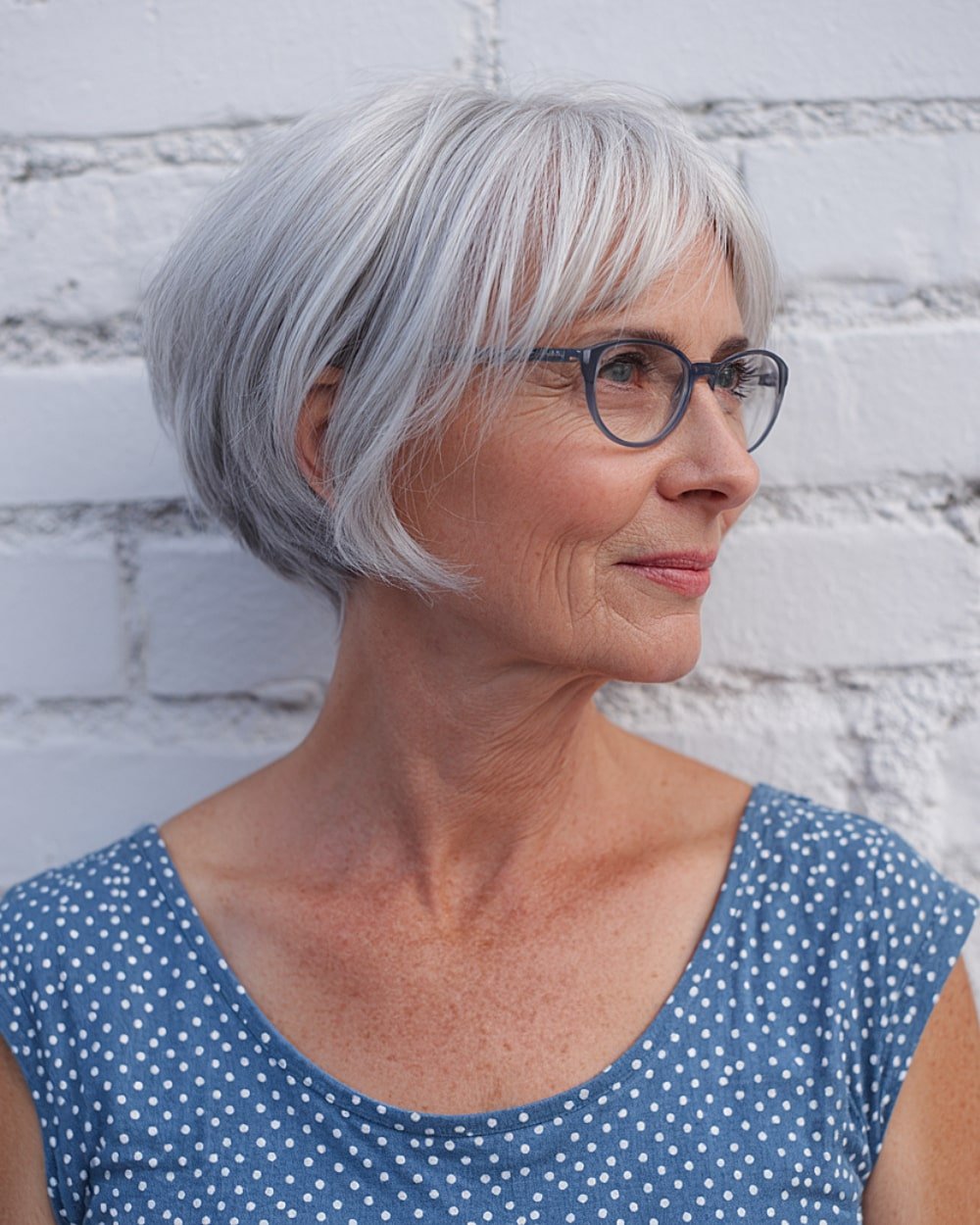 Pixie-bob haircut with layers and silver hair for older women wearing glasses