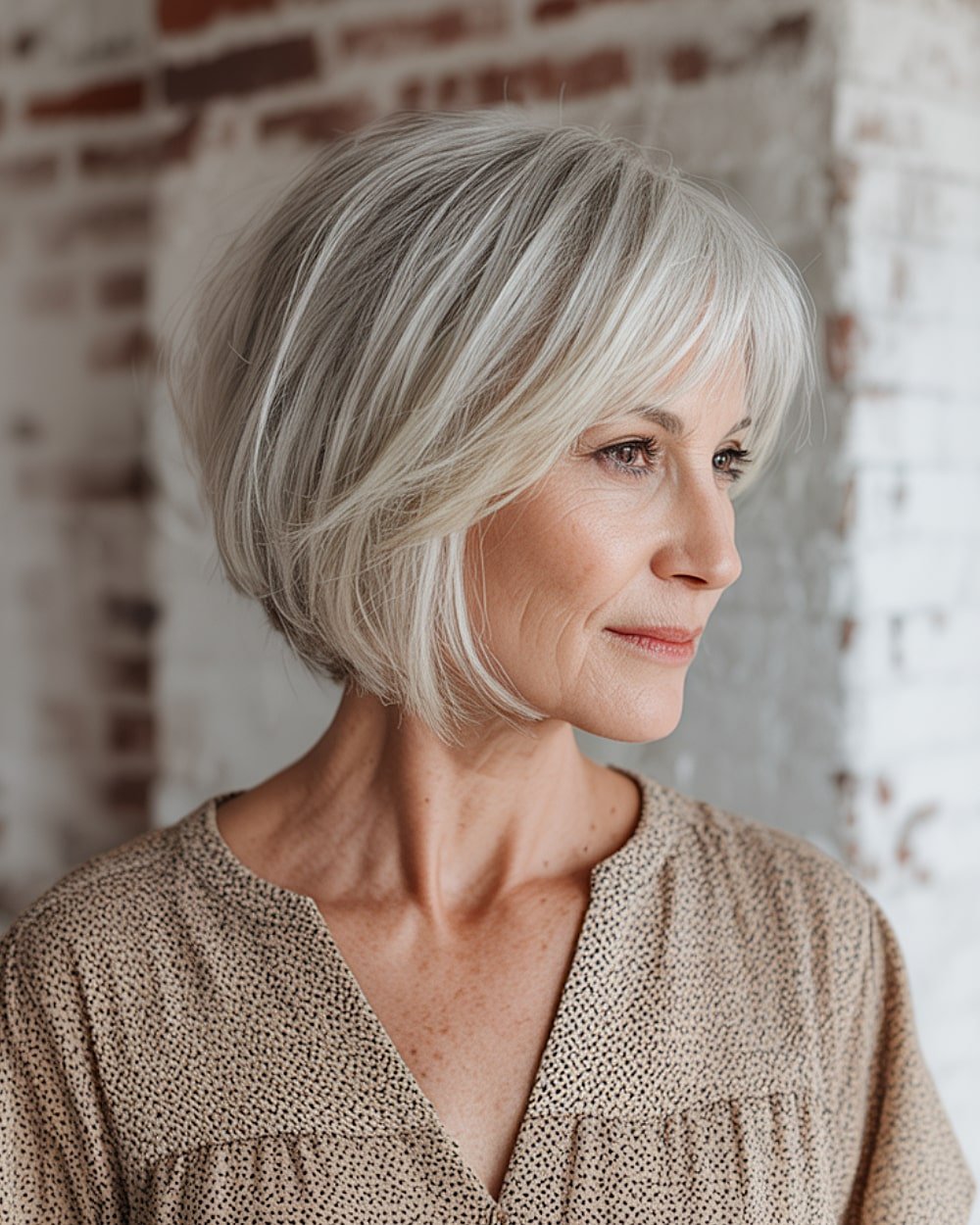 Layered bob hairstyle for women over 60 with fine silver hair and soft tapering layers