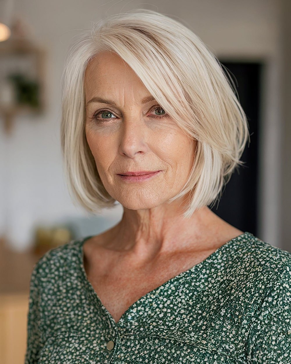 Chin-length layered bob for over 60 with platinum blonde hair and long side bangs