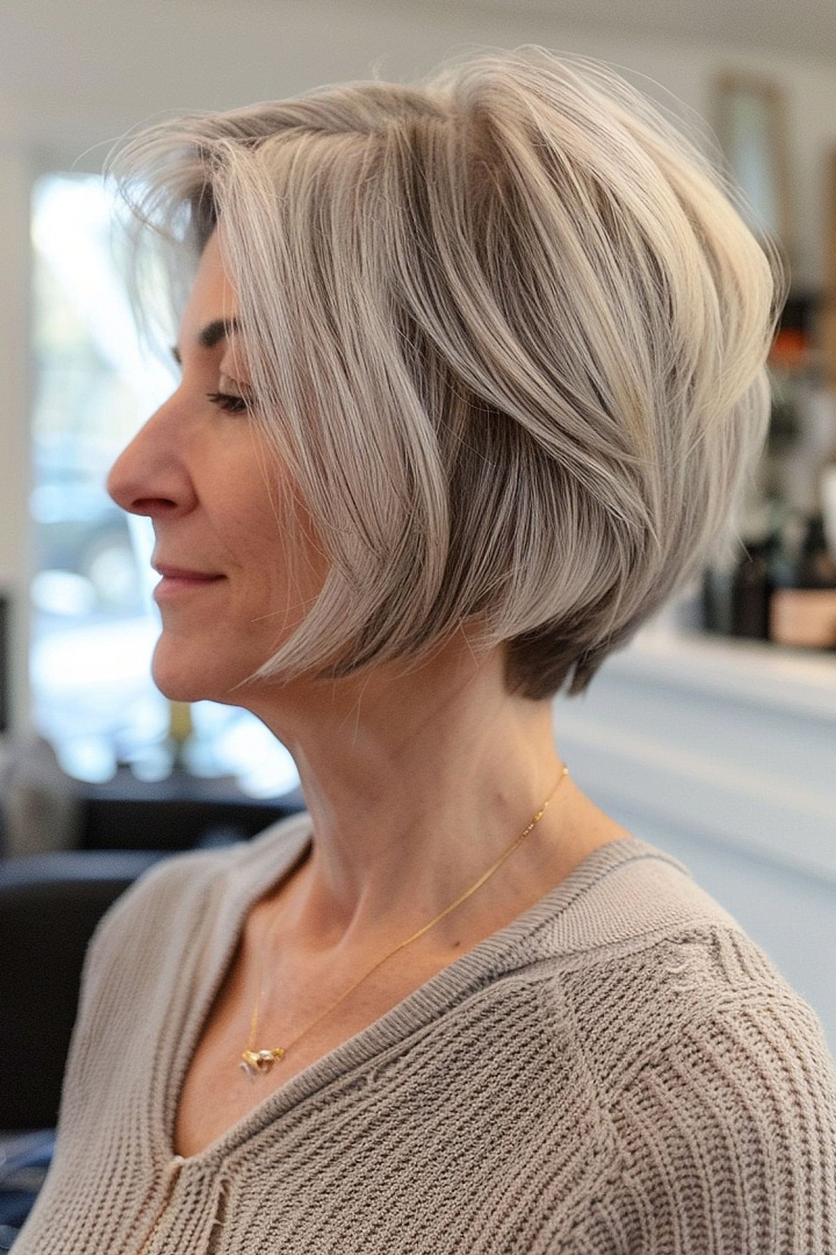 Grey Bob with Soft Layers for Older Women Past 60