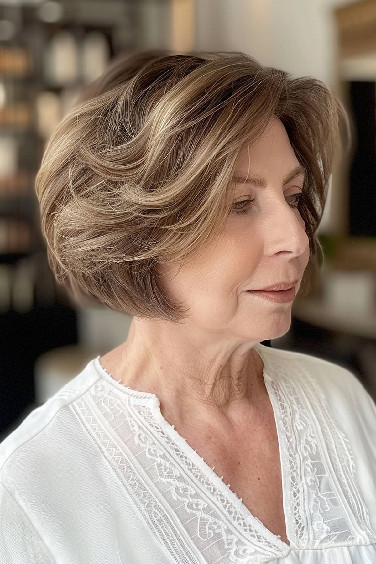 Layered Stacked Bob with Balayage for Sixty-Year-Olds