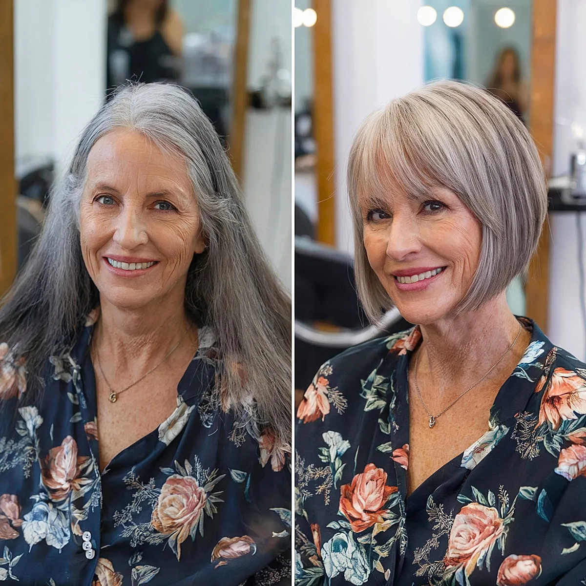 Gorgeous Salt-and-Pepper Angled Bob for 60-Year-Old Ladies