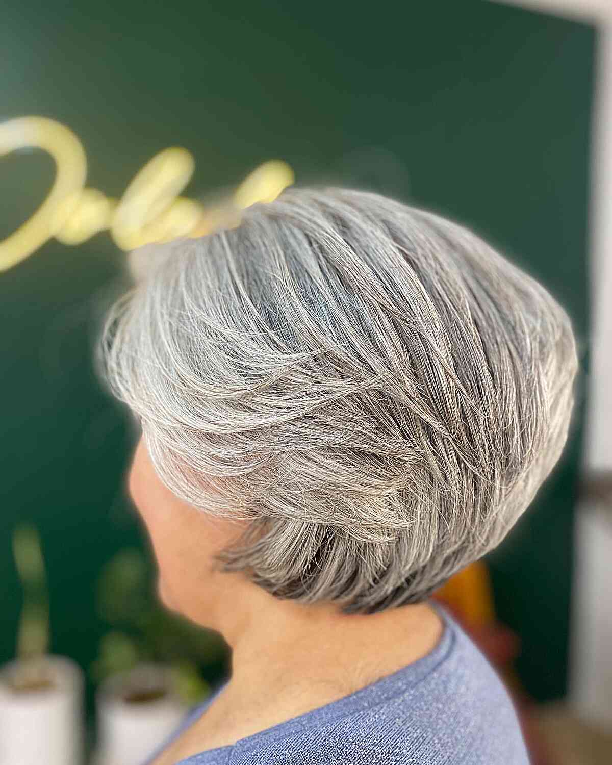 Very Short Chin-Length Round Stacked Crop on 60-year-old Ladies