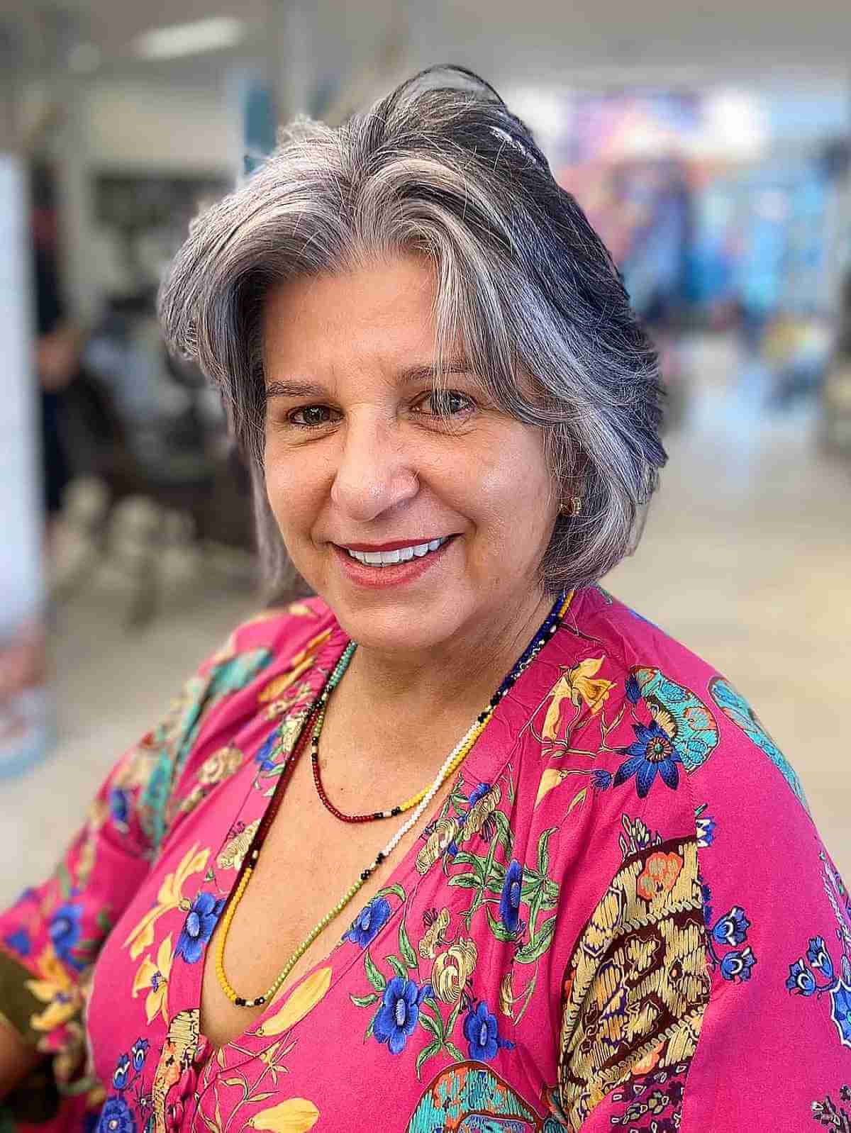 Chin-Length Feathered Bob with Face Frame for Older Ladies Aged 60 Salt and Pepper Hair