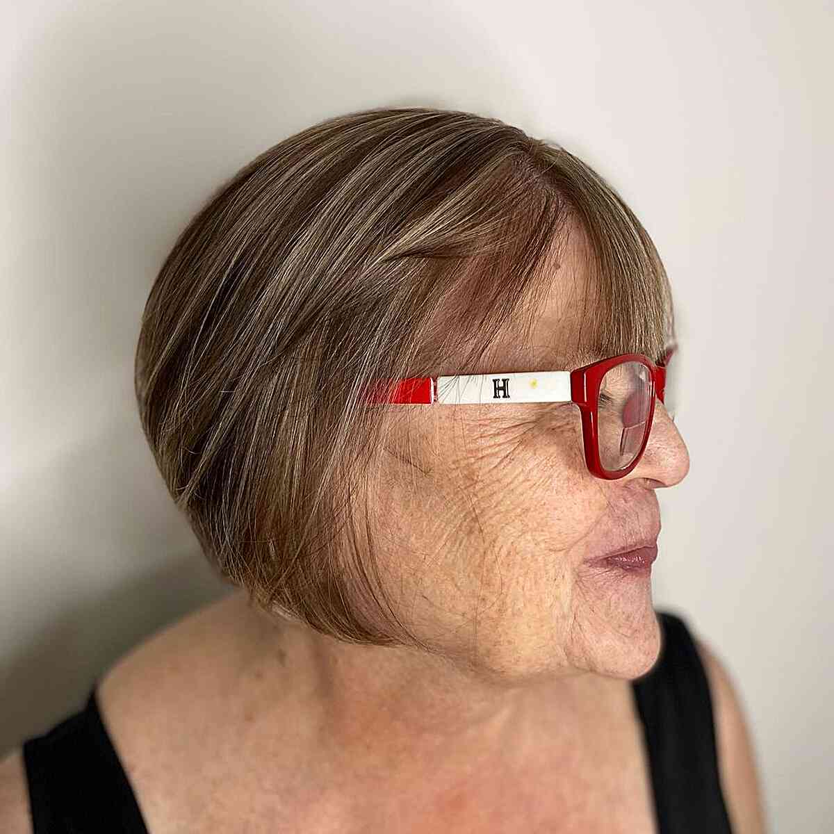 Bronde Chin-Length Mini Bob with Light Bangs on Ladies Aged 60