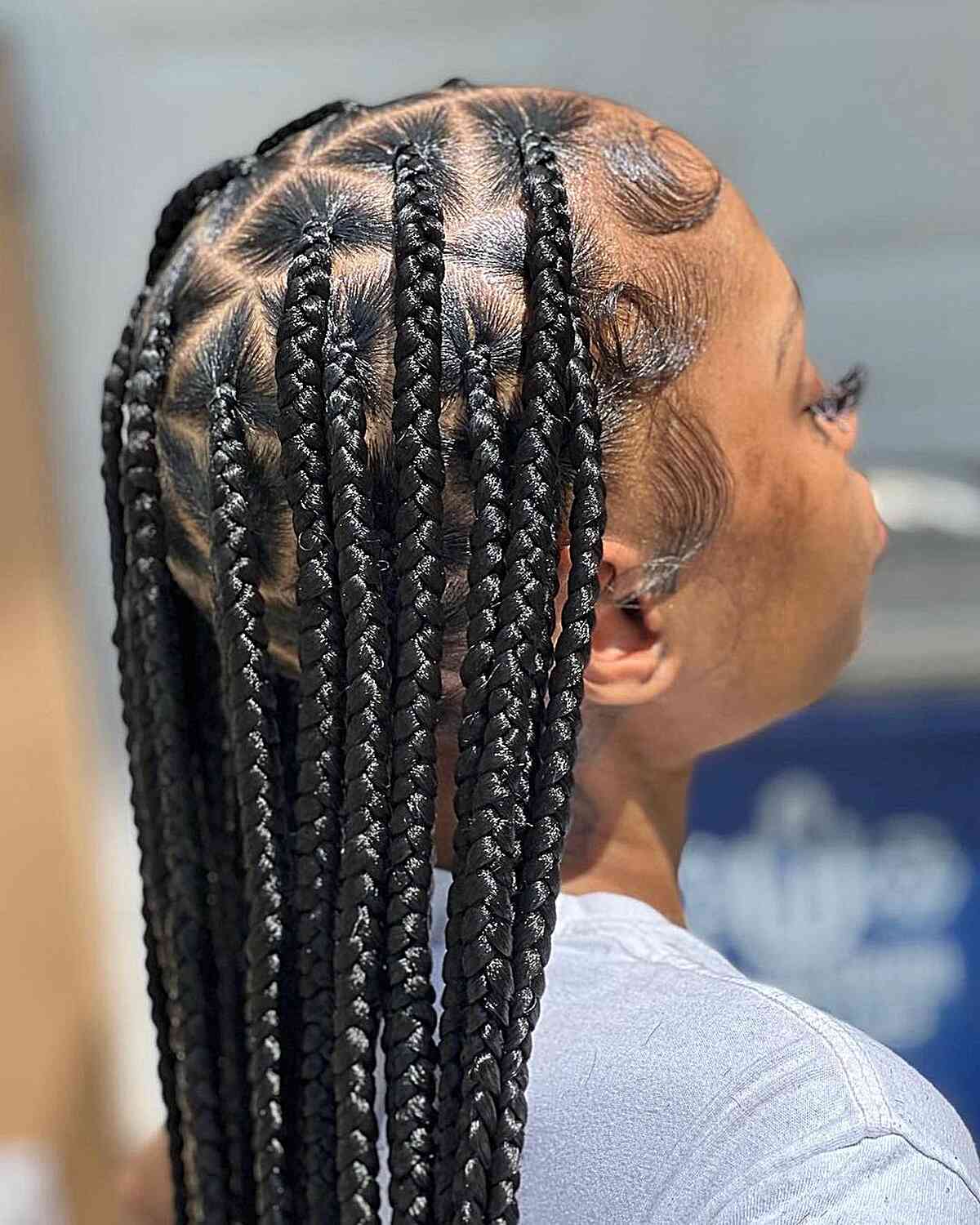 Long Protective Knotless Braids with Triangle Parts and Sleek Edges