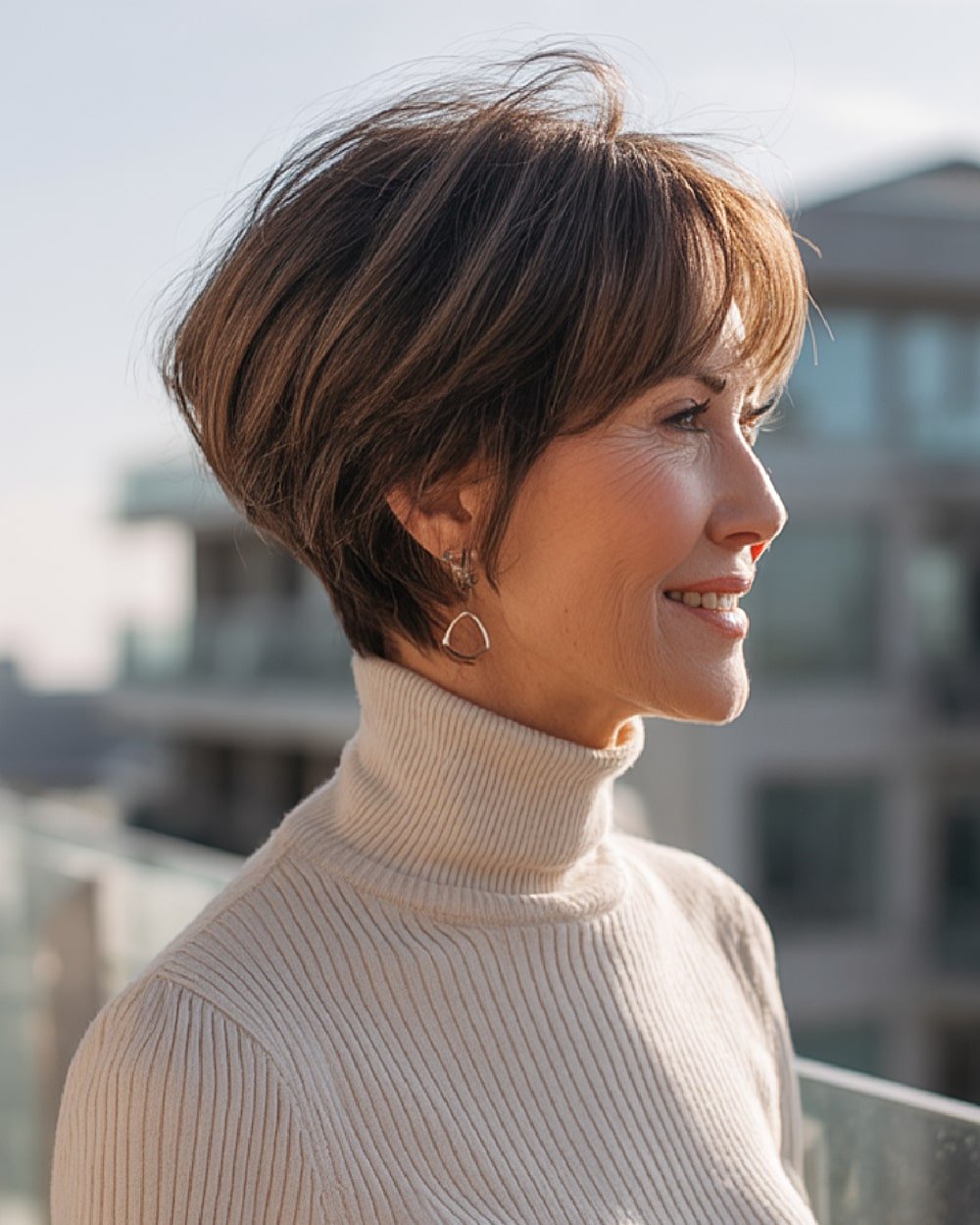 Tapered short bob for fine hair over 60 with brunette balayage and stacked layers for shape and fullness