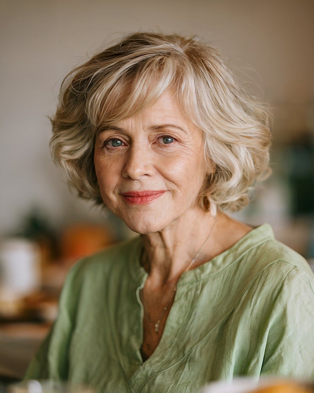 Voluminous soft bob for women over 60 with fine light blonde hair and tousled layers for added bounce