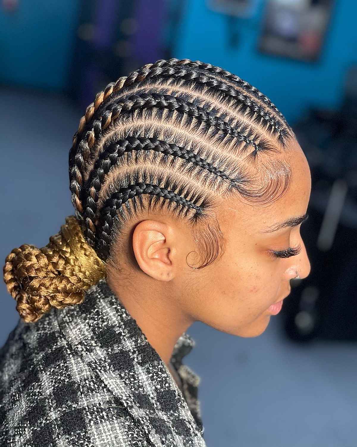 Goddess braids with low buns