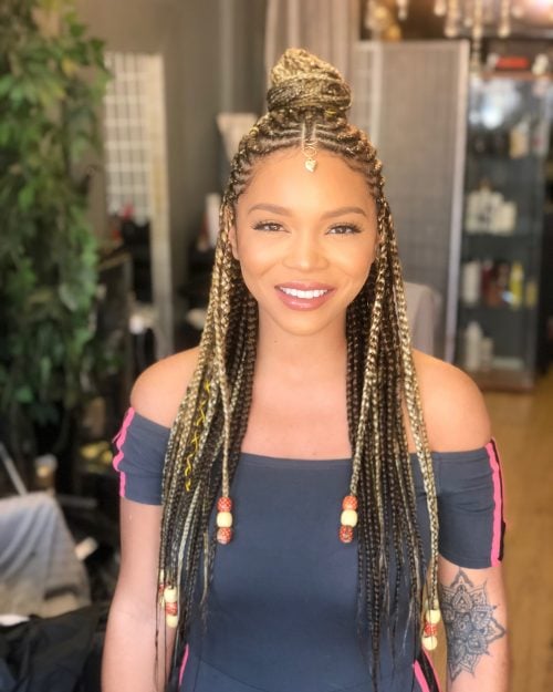 Brown and Blonde Goddess Braids with a Crown Bun
