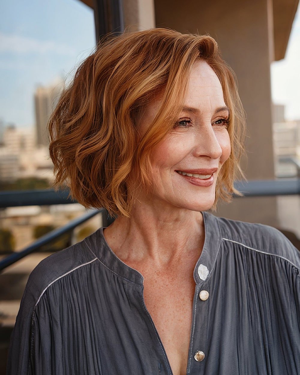 Bob inverted wavy more than 60 with tousled fabric and soft caramel tones