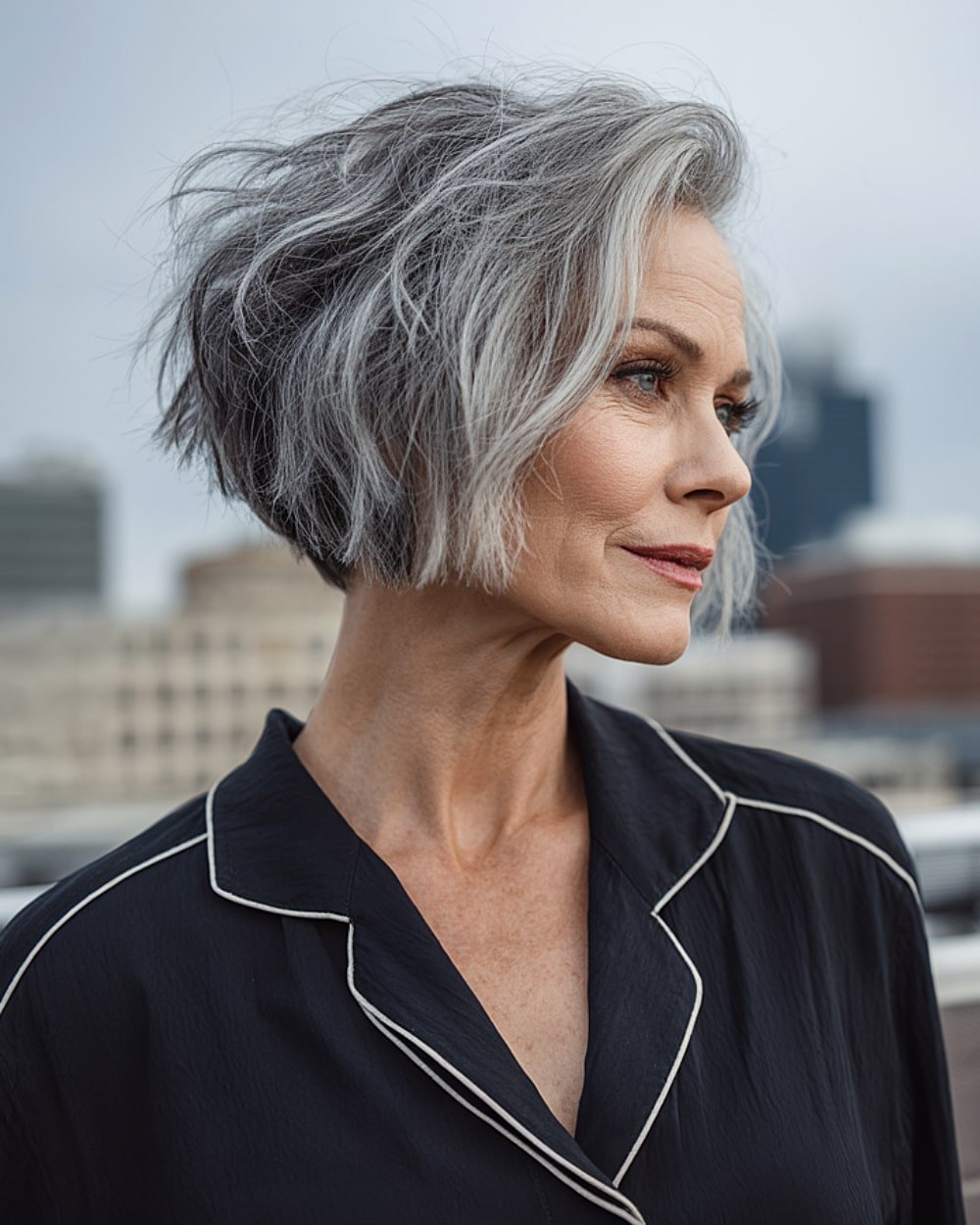 Purlared bob inverted for mature women with excited silver lines and lifting