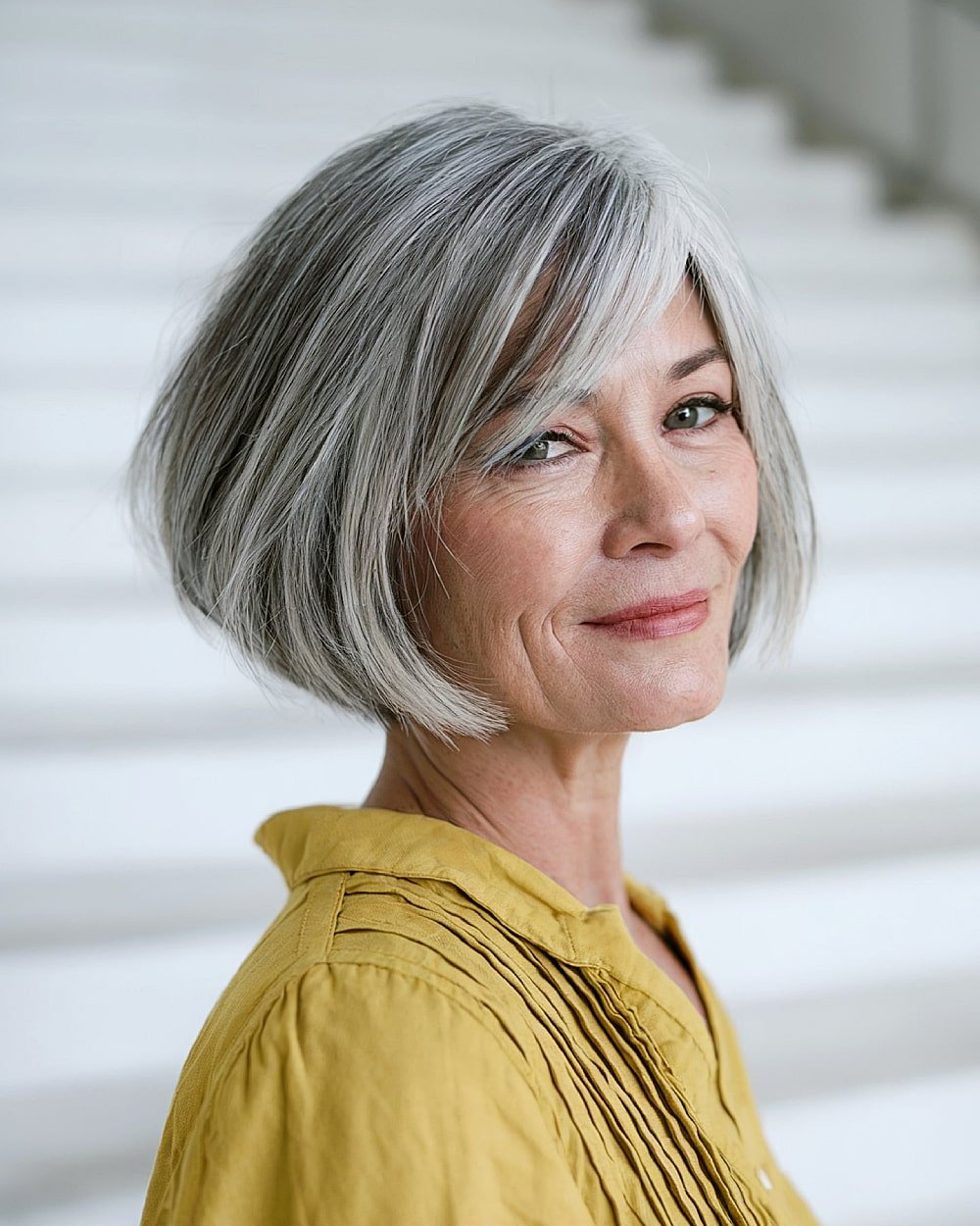 Gray gray with an inverted chin for women over 60 years with soft layers and side explosions